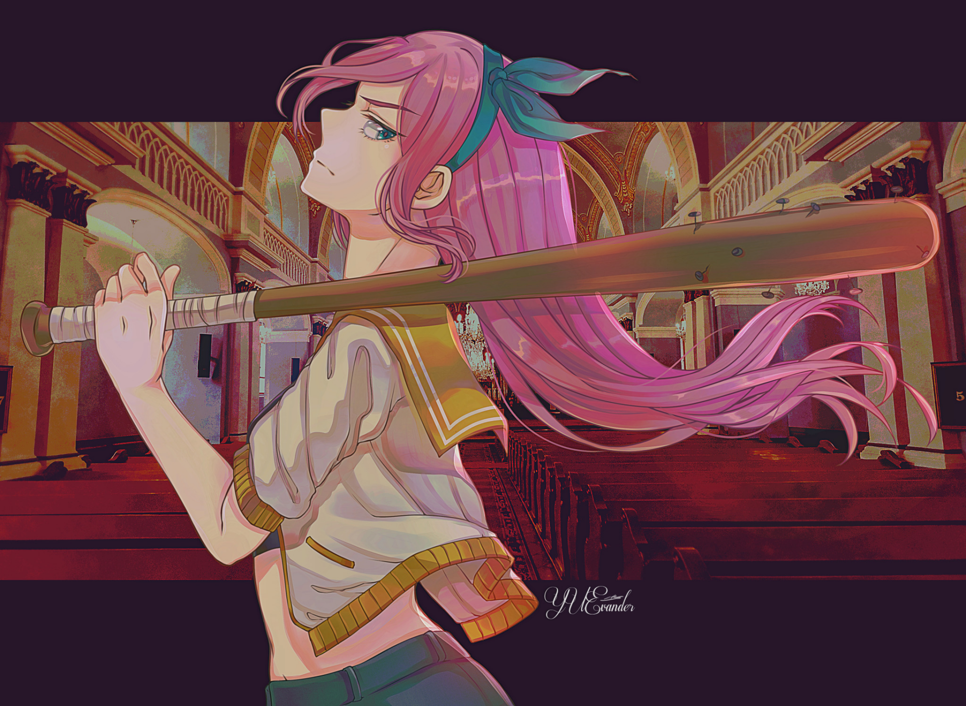 HD PC desktop wallpaper of Aubrey (OMORI) from the video game OMORI, long pink hair and blue eyes, gripping a baseball bat across her shoulders in a cathedral-like hall.