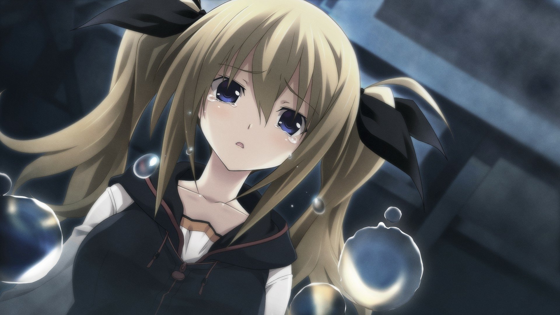 HD PC desktop wallpaper featuring Hinae Arimura from the anime ChaoS;Child, depicted with twin tails and a dark outfit against a moody background.