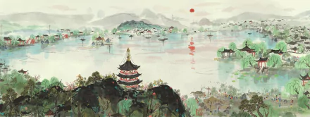 Artistic landscape painting featuring a serene lakeside scene with traditional pagodas and boats, designed as an HD PC desktop wallpaper and background.