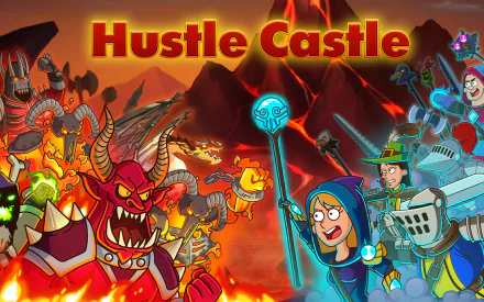 HD desktop wallpaper of Hustle Castle featuring animated characters, fiery backdrop, and game logo.