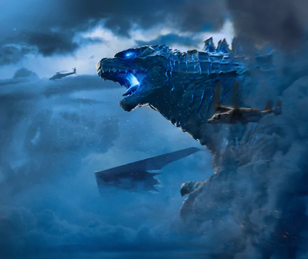 Godzilla roars amidst helicopters in a dramatic scene from the movie Godzilla: King of the Monsters, rendered in stunning 8K Ultra HD for PC desktop wallpaper.