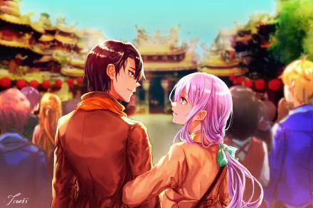 Anime couple with vibrant colors in a detailed 4K Ultra HD desktop wallpaper, set against a bustling, traditional festival background.