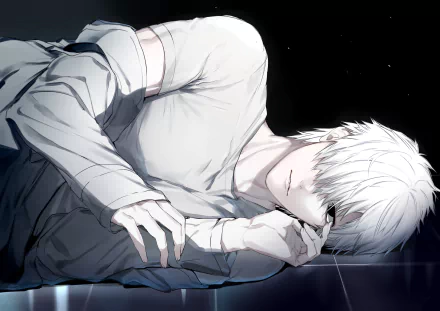 HD PC desktop wallpaper and background: U-1146 (Cells At Work!) anime art of a white-haired character lying on his side in a light shirt against a dark, reflective backdrop.