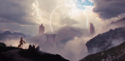 HD anime-style desktop wallpaper featuring Shirakami Fubuki from Hololive Alternative, depicting a dramatic landscape with mist, torii gate, and towering rock formations.