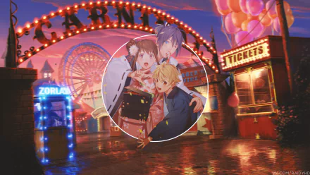 4K Ultra HD Noragami anime wallpaper featuring Hiyori Iki, Yukine, and Yato with a vibrant carnival background and picture-in-picture design.