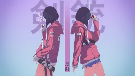 HD anime girl desktop wallpaper featuring a mirrored image of a girl in a red hoodie holding a cigarette, set against a soft purple background with Japanese text.