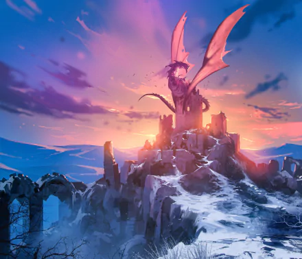 HD fantasy desktop wallpaper featuring a majestic dragon perched atop an ancient ruined castle at sunset, surrounded by snowy rocky terrain under a vibrant sky.
