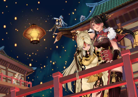 HD PC desktop wallpaper featuring Genshin Impact characters Beidou, Qiqi, Paimon, Ningguang, Lumine, Keqing, and Ganyu under floating lanterns at night.