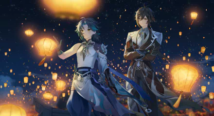 HD desktop wallpaper featuring Zhongli and Xiao from Genshin Impact during the Lantern Rite festival, surrounded by glowing lanterns against a night sky.
