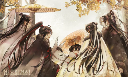 Anime-style 4K Ultra HD wallpaper featuring A-Qing, Xiao Xingchen, Song Lan, Wei Wuxian, and Lan Wangji from Mo Dao Zu Shi under autumn foliage with traditional umbrellas.