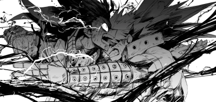 HD PC desktop wallpaper featuring intense black-and-white anime art of Katsuki Bakugou and Izuku Midoriya from My Hero Academia in dynamic action poses.