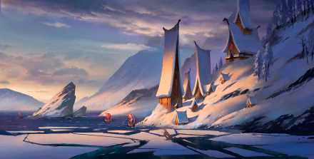 HD PC desktop wallpaper featuring a snowy fantasy city with tall, dragon-shaped drakkar buildings along a frozen coastline under a dramatic sky.