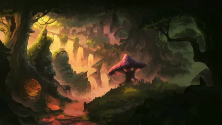 A fantasy ruin scene with glowing mushrooms and ancient, crumbling stone structures set in a mystical forest, rendered in 4K Ultra HD for PC desktop wallpaper.
