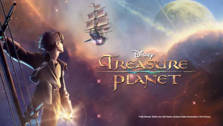 HD PC desktop wallpaper of the movie Treasure Planet: young hero aboard a ship gazes at a solar-sail vessel crossing colorful cosmic clouds toward a distant planet, film logo visible.