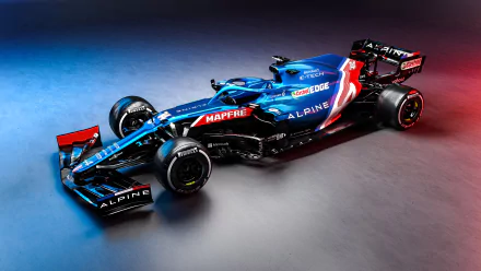 F1 Alpine A521 single-seater racing car in blue and red, high-detail 4K Ultra HD PC desktop wallpaper and background.
