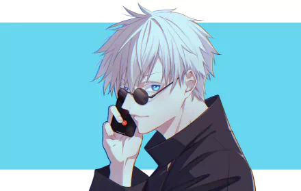 HD PC desktop wallpaper featuring Satoru Gojo from the anime Jujutsu Kaisen, showcasing his signature white hair, black sunglasses, and confident expression.