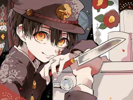 HD PC desktop wallpaper featuring Hanako-kun from the anime Toilet-bound Hanako-kun, showcasing vibrant colors and detailed character art with a knife and floral background.
