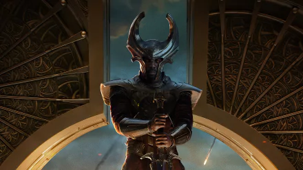 HD desktop wallpaper featuring Idris Elba as Heimdall from the movie Thor: The Dark World. Heimdall stands in an ornate doorway, holding a sword, with a celestial background.