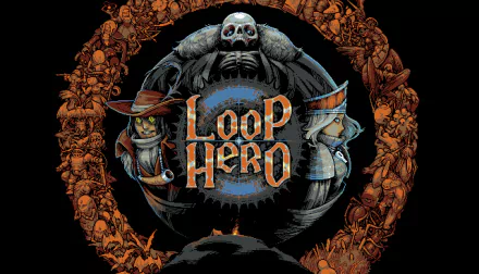 HD desktop wallpaper for Loop Hero depicting game characters and eerie, ornate designs in a circular frame.