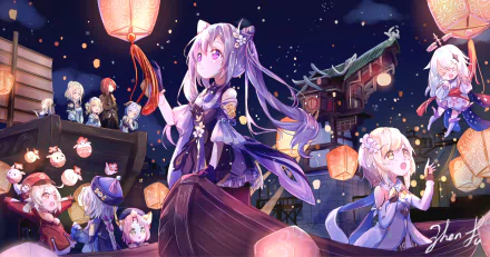 2K Quad HD PC desktop wallpaper of Genshin Impact characters — Diona, Diluc, Qiqi, Paimon, Ningguang, Lumine, Klee, Keqing, Jean, Ganyu and Barbara beneath glowing festival lanterns at night.