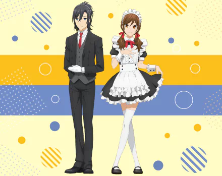 HD PC desktop wallpaper featuring anime characters from Hori-san To Miyamura-kun, with a stylish maid outfit and formal suit against a colorful geometric background.