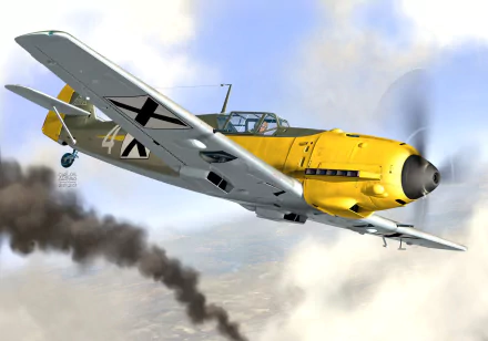 HD desktop wallpaper featuring a Luftwaffe Messerschmitt Bf 109 warplane in flight, showcasing its distinctive yellow nose and military aircraft design.