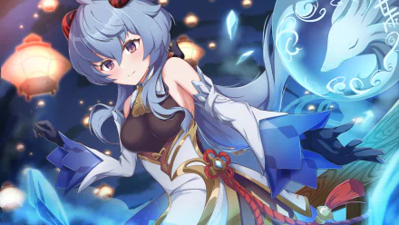 HD PC desktop wallpaper featuring Ganyu from the video game Genshin Impact, showcasing her in a dynamic pose with glowing lanterns and mystical blue energy.