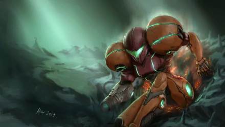 HD desktop wallpaper of Samus Aran from the video game Metroid, featuring her in a dynamic action pose amid a dramatic, alien landscape.
