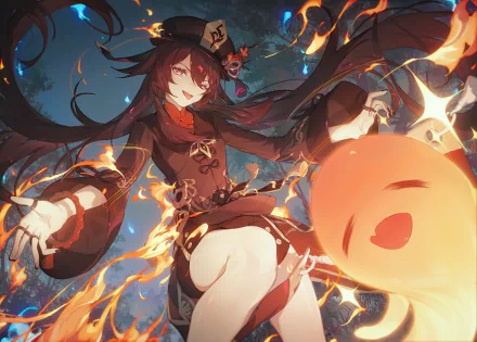 Hu Tao from Genshin Impact depicted in an HD desktop wallpaper. She appears in dynamic, fiery imagery, highlighting her character's vibrant and powerful essence within the game.