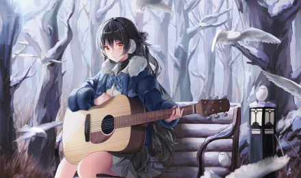 Anime girl with long black hair and orange eyes in a winter school uniform plays a guitar on a snowy bench, surrounded by white birds in an 8K Ultra HD winter anime scene.