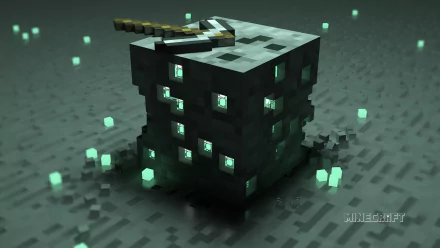 HD Minecraft wallpaper featuring a highly detailed pixelated cube with glowing elements and a pickaxe on top, set against a textured gray background.