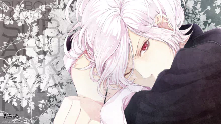 HD PC desktop wallpaper of Subaru Sakamaki (Diabolik Lovers): pale, white-haired, red-eyed anime character curled against a grayscale floral background.