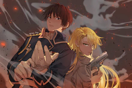 Fullmetal Alchemist 2K desktop wallpaper: Roy Mustang and Riza Hawkeye back-to-back, Mustang sparking flames with his glove while Hawkeye readies a pistol amid embers and a smoky backdrop.