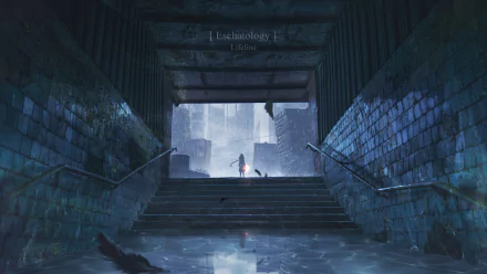 HD desktop wallpaper featuring an original anime scene of a figure standing at the top of a wet, dark stairwell with a dimly lit cityscape in the background.