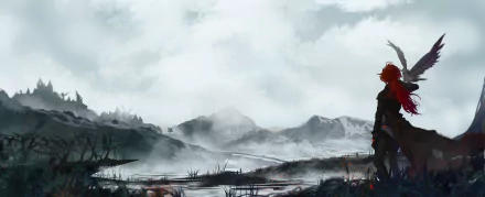 HD desktop wallpaper featuring Diluc from Genshin Impact, standing against a snowy mountainous landscape under a cloudy sky.