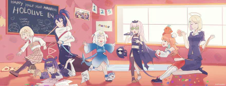 HD PC desktop wallpaper featuring anime-style virtual YouTubers Takanashi Kiara, Ninomae Ina'nis, Emma-chan, Watson Amelia, Mori Calliope, and Gawr Gura in a colorful room.