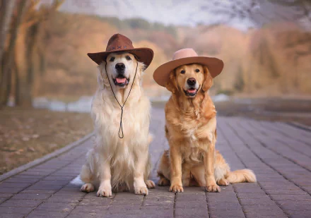 HD PC desktop wallpaper/background: two golden retriever dogs in cowboy hats sit on a path with warm bokeh and shallow depth of field, a friendly animal portrait.