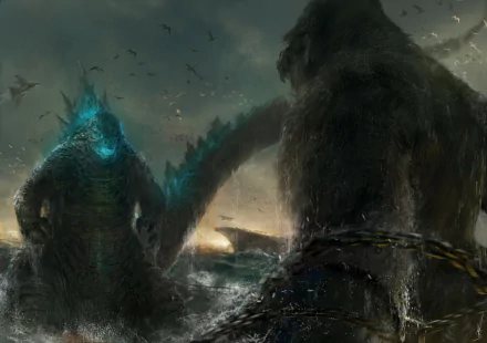 HD PC desktop wallpaper of Godzilla (Monsterverse) and King Kong locked in a stormy sea showdown, a dramatic scene from the movie Godzilla vs Kong.
