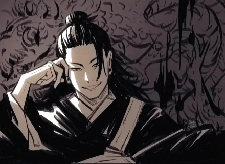 A striking HD wallpaper featuring Suguru Geto from Jujutsu Kaisen, showcasing his confident smirk against a dark, intricate background.