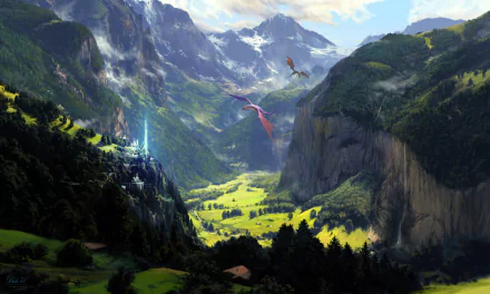 A stunning HD wallpaper featuring a fantasy landscape with a towering cliff, majestic mountains, and flying dragons, set against a vivid, lush backdrop.
