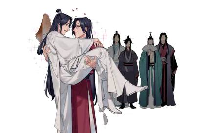 Anime crossover wallpaper: Wei Wuxian cradles Lan Wangji in a kimono embrace with hearts, while Luo Binghe, Hua Cheng, Xie Lian and Shen Qingqiu stand behind — Mo Dao Zu Shi, Tian Guan Ci Fu.