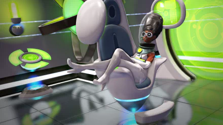 A character from Evil Genius 2: World Domination relaxes in a futuristic chair, surrounded by vibrant green technology, creating an engaging HD desktop wallpaper.