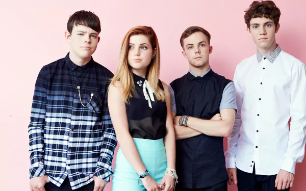 HD wallpaper featuring the band Echosmith with Sydney Sierota, posed against a pink background.