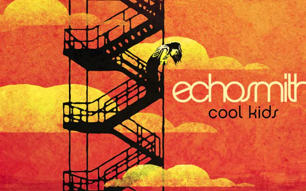 HD wallpaper featuring Echosmith Cool Kids with artistic silhouette on staircases against a red and yellow abstract background.