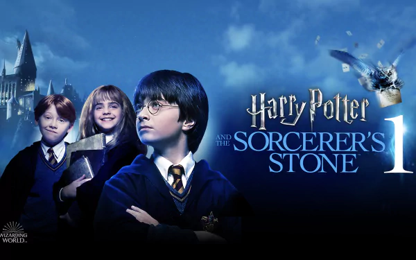 HD PC desktop wallpaper of Harry Potter and the Philosopher's Stone: young Harry, Hermione and Ron in Hogwarts robes with the castle and an owl under a moonlit sky.