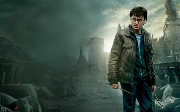 4K Ultra HD wallpaper featuring Harry Potter from the movie Harry Potter and the Deathly Hallows: Part 2, standing in a dark, ruined Hogwarts landscape.