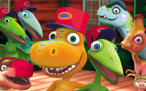 HD wallpaper featuring colorful characters from the animated series Dinosaur Train, posing together with a wooden backdrop.