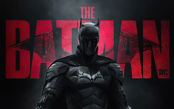 4K Ultra HD PC wallpaper featuring Batman from DC Comics' movie The Batman, with a dark background and bold red title text.