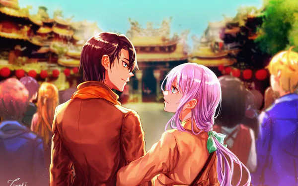 Anime couple with vibrant colors in a detailed 4K Ultra HD desktop wallpaper, set against a bustling, traditional festival background.