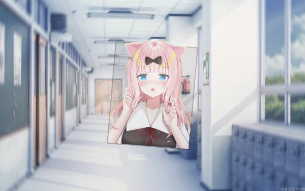 4K Ultra HD anime wallpaper featuring Chika Fujiwara from Kaguya-sama: Love is War in a picture-in-picture style, set against a bright school hallway background.